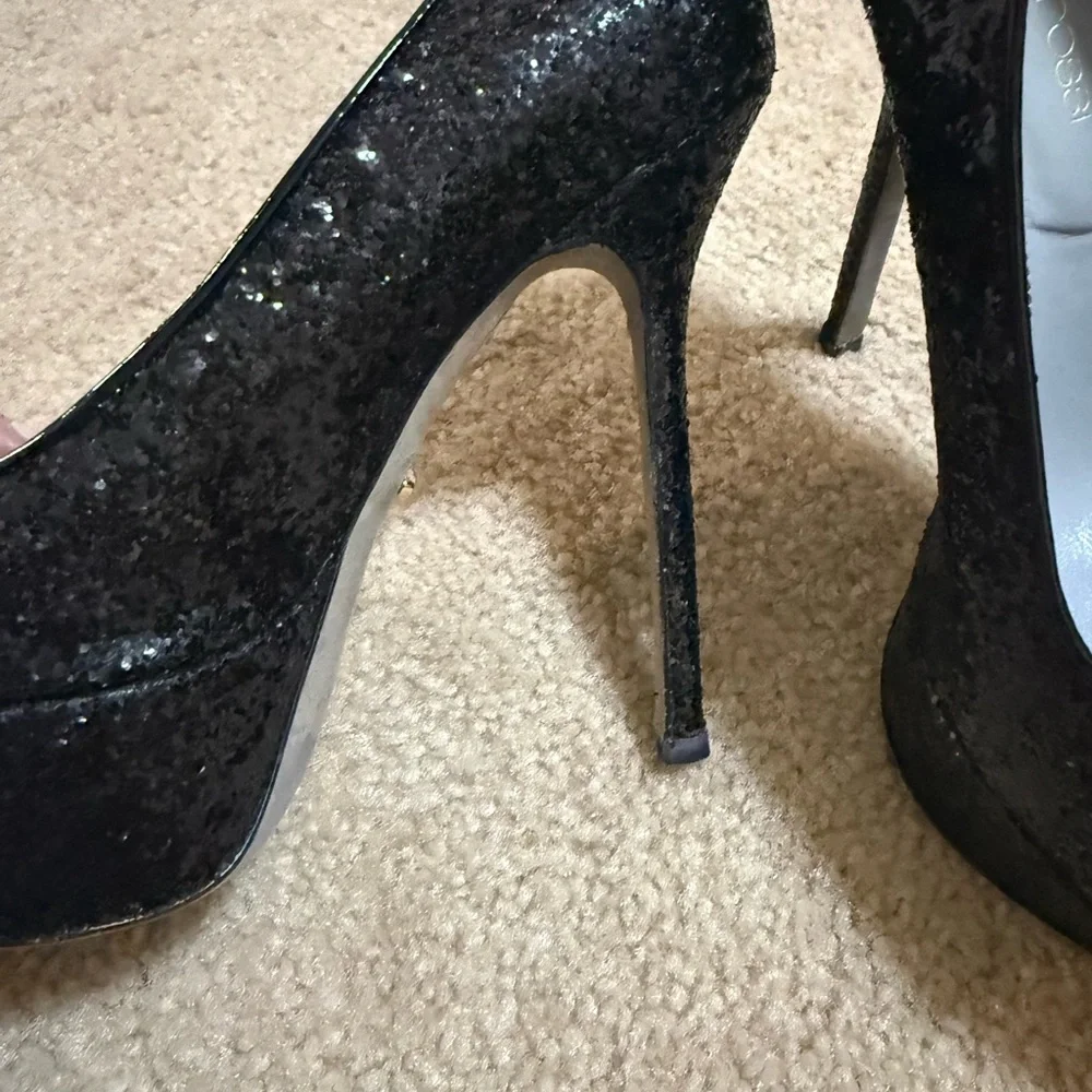 Sergio Rossi Black Glitter Peep-Toe Platforms